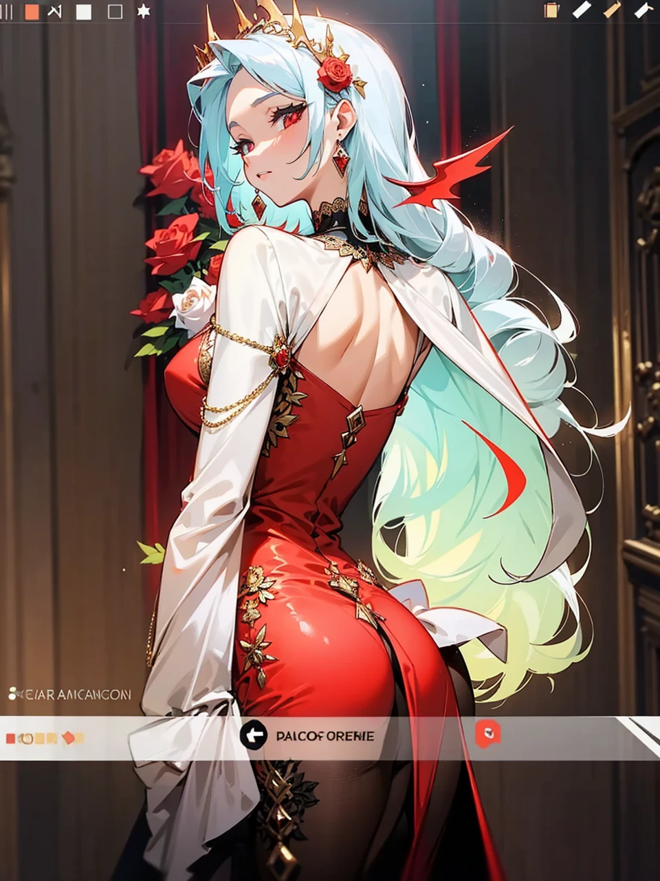 Add in roses to her dress, a good back dress design with some golden jewelry, make her dress into a red and white gown with a hat, give her some unique Jewelry, and make her look somewhat of a demonic angel like appearance to her