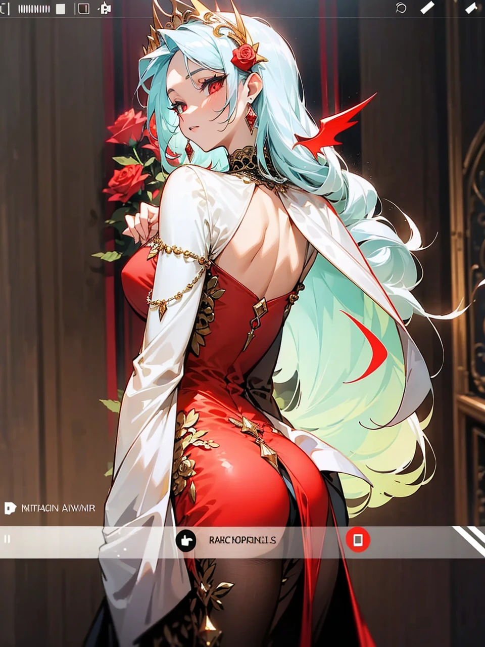 Add in roses to her dress, a good back dress design with some golden jewelry, make her dress into a red and white gown with a hat, give her some unique Jewelry, and make her look somewhat of a demonic angel like appearance to her