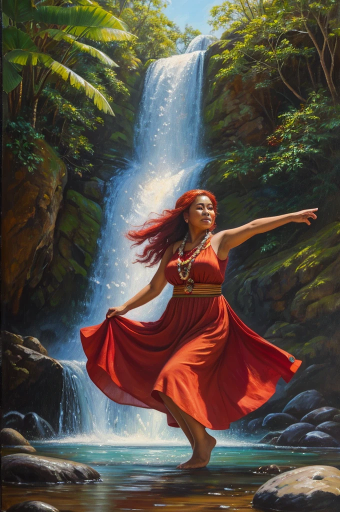 painting of a 50 year old Hawaiian woman with red hair , wearing traditional clothes, dancing in front of a waterfall, curvy, inspired by Fernando Amorsolo, photorealistic oil on canvas, realistic oil on linen, oil on canvas painting, 4k oil on linen, extremely detailed oil portrait, oil painting of realistic woman, detailed oil painting portrait, oil on canvas detailed, by Rodel Gonzalez, 8k resolution.oil on canvas