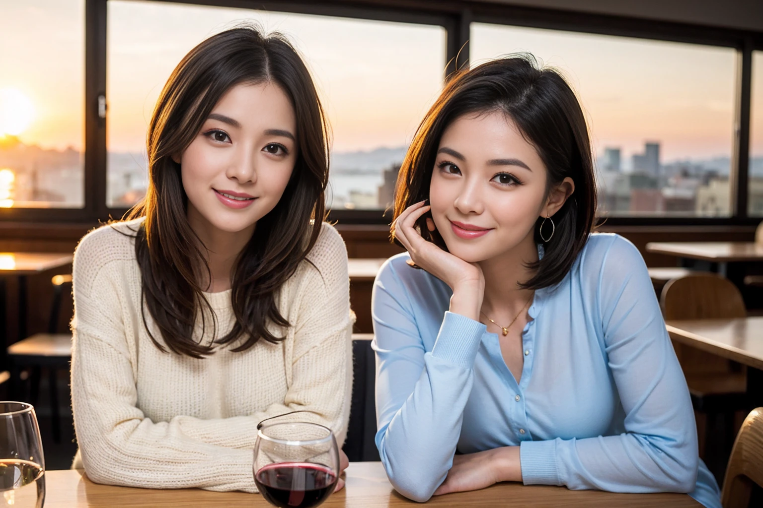 (Realistic:1.2),(masterpiece,Highest quality),8k,((2人のwoman)),Age 35,37 years old、最高のsmile、Happy Couple, Full course dinner at the table、Wine Party、wine glass、White wine、sparkling wine、red wine、Upper Body、Tight waist,Perfect Anatomy, Brown Hair, short hair,Random Hairstyles,Amazing view of the sunset sky and clouds、Long sleeve shirt、dress,((Highly detailed face and eyes:1.2))(Cute Face:1.4),Beautiful actress face,Perfect golden ratio face,woman'suit、Nice,(smile:1.2)、