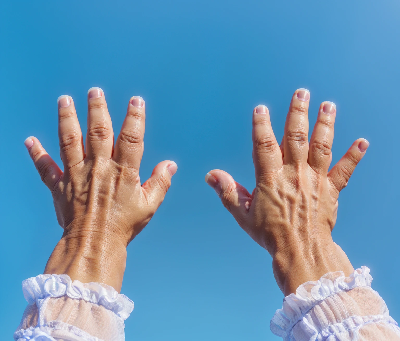The image shows two newborn baby hands in the air with fingers and thumbs touching, against a blue background., smooth 3d model, glossy plastic texture, multiple light sources, rim light, sharp post effects render, most beautiful vfx, , realistic, 4k, high resolution, rim light, smooth 3d model. , glossy texture, smooth 3d model, multiple light sources, rim light, sharp post effects render, (glossy plastic texture with multiple big light probe refractions), perfect cgi, reflective, best quality, 4k, masterpiece:1.2, ultra-detailed, realistic, vivid colors, The image of the highest quality, ensuring every detail showcased perfectly. It in 4k resolution, allowing viewers to immerse themselves in the richness of the colors and intricate details. The realistic rendering. under the spotlight, reflecting, high-resolution image, realistic rendering