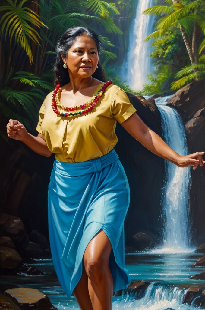 painting of a 50 year old Hawaiian woman with traditional clothes, dancing in front of a waterfall, curvy, inspired by Fernando Amorsolo, photorealistic oil on canvas, realistic oil on linen, oil on canvas painting, 4k oil on linen, extremely detailed oil portrait, oil painting of realistic woman, detailed oil painting portrait, oil on canvas detailed, by Rodel Gonzalez, 8k resolution.oil on canvas