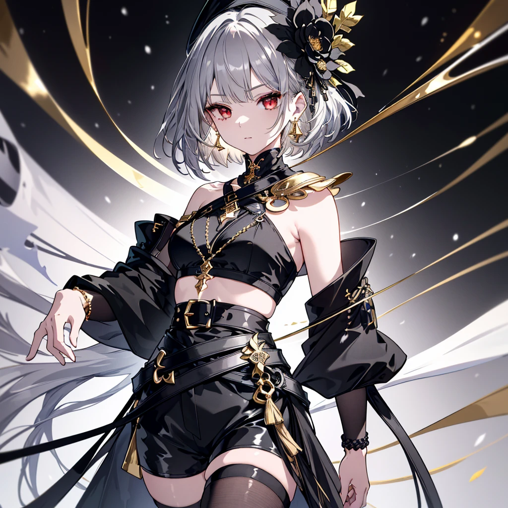 8k,High resolution RAW color art,Anime Art,Silver Marble Skin, (((Very detailed and cool))), Detailed skin, Blur、texture,(Exquisitely crafted, The finer details, Ultra-detailed art), (((1 girl))), Depth of written boundary, Silky Touch, Hyper Detail, (((Cool face))), eye shadow、Armed women, Beautiful detailed red eyes, Beautiful lip detail, Highly detailed face, Delicate depiction of hair and eyes, Detailed Fashion, Golden earrings,Full body depiction, Black half top、(((Shoulder Bare)))、Black shorts、Waist Cloak、black tights、Golden decoration, Shiny grey hair, Golden bracelet, Straight Hair、Short Hair、(((Hair)))、Simple Background、(((Black theme)))、snow、look down、cloth、Clear face、Diagonal orientation