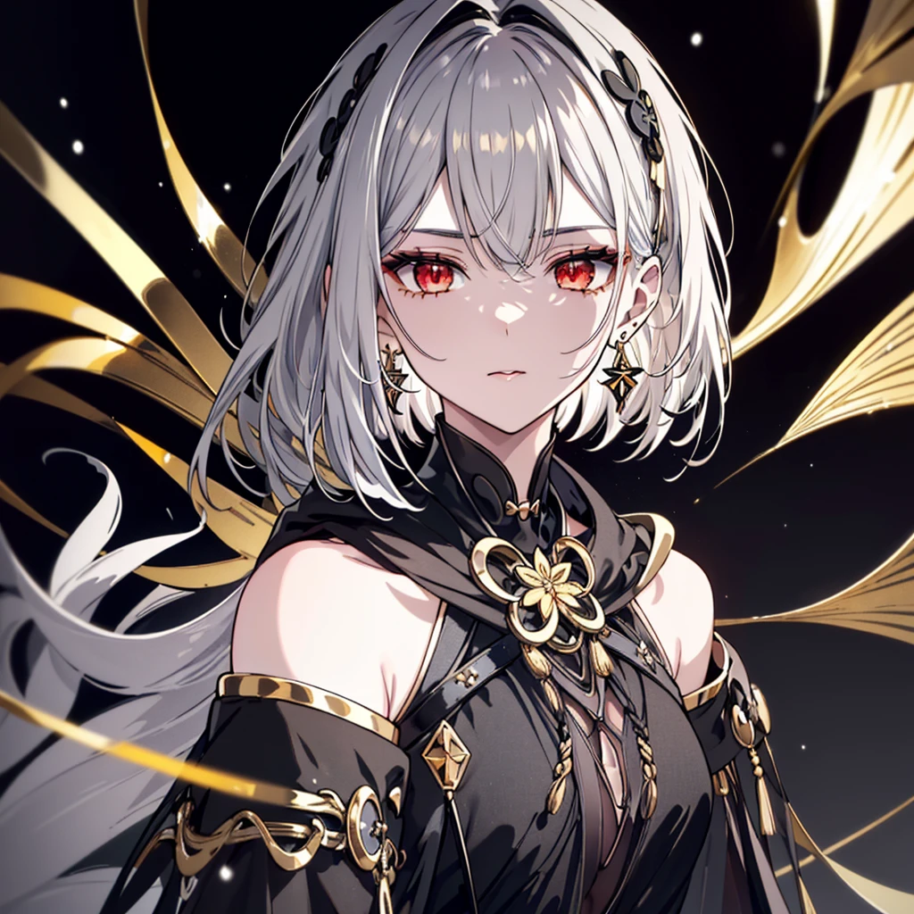 8k,High resolution RAW color art,Anime Art,Silver Marble Skin, (((Very detailed and cool))), Detailed skin, Blur、texture,(Exquisitely crafted, The finer details, Ultra-detailed art), (((1 girl))), Depth of written boundary, Silky Touch, Hyper Detail, (((Cool face))), eye shadow、Armed women, Beautiful detailed red eyes, Beautiful lip detail, Highly detailed face, Delicate depiction of hair and eyes, Detailed Fashion, Golden earrings,Full body depiction, Black half top、(((Shoulder Bare)))、Black shorts、Waist Cloak、black tights、Golden decoration, Shiny grey hair, Golden bracelet, Straight Hair、Short Hair、(((Hair)))、Simple Background、(((Black theme)))、snow、look down、cloth、Clear face、Diagonal orientation
