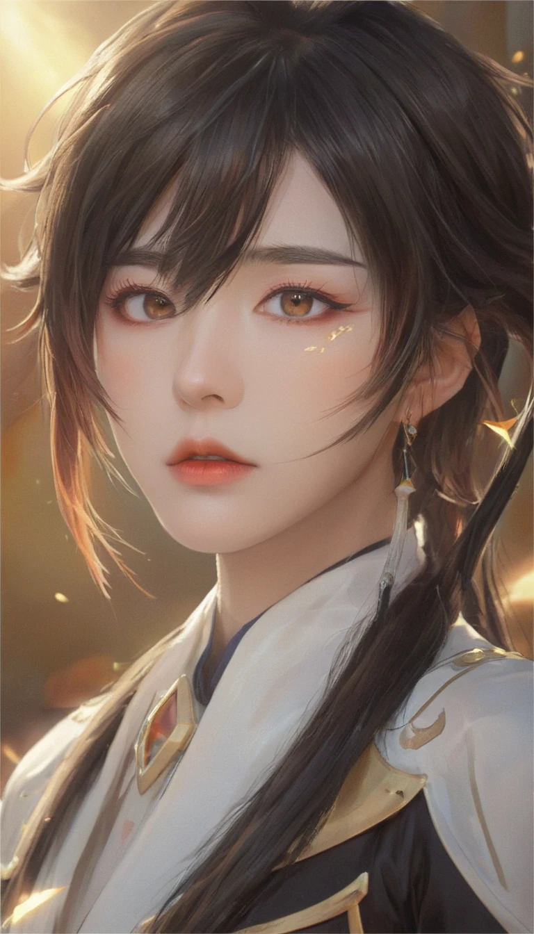 (best quality,4K,8K,high resolution,masterpiece:1.2),1 girl, zhongli_/(archon/)_/(Genshin Impact_Influence/),Women focus,Complex details,Practical:.4,Deep golden eyes,Become a, 黄棕色Long hair，narrow_waist,whole body, panoramic，By Carnelian, Liyue, ,Looking up at the audience, focus,Solitary,Long hair,Bangs,Jewelry,earrings,Ponytail,meditation, thoughtful, calm, serene, Red Eyeliner, Very detailed eyes, Volumetric Lighting, Sunset, Golden Light, A wise and merciful God,light, Ray Tracing, Ultra HD, High Detail, high quality, The award-winning, Super Detail,HD color,Seductive eyes,Sexy eyes,narrowed eyes,Drooping eyelashes,Small iris,Collapse Star Orbit Characters,devout,Sexy asian woman,Asian eyes,Red Eyeliner,Blade of Destruction,Kissing ventilation_\(Genshin Impact_Influence\)