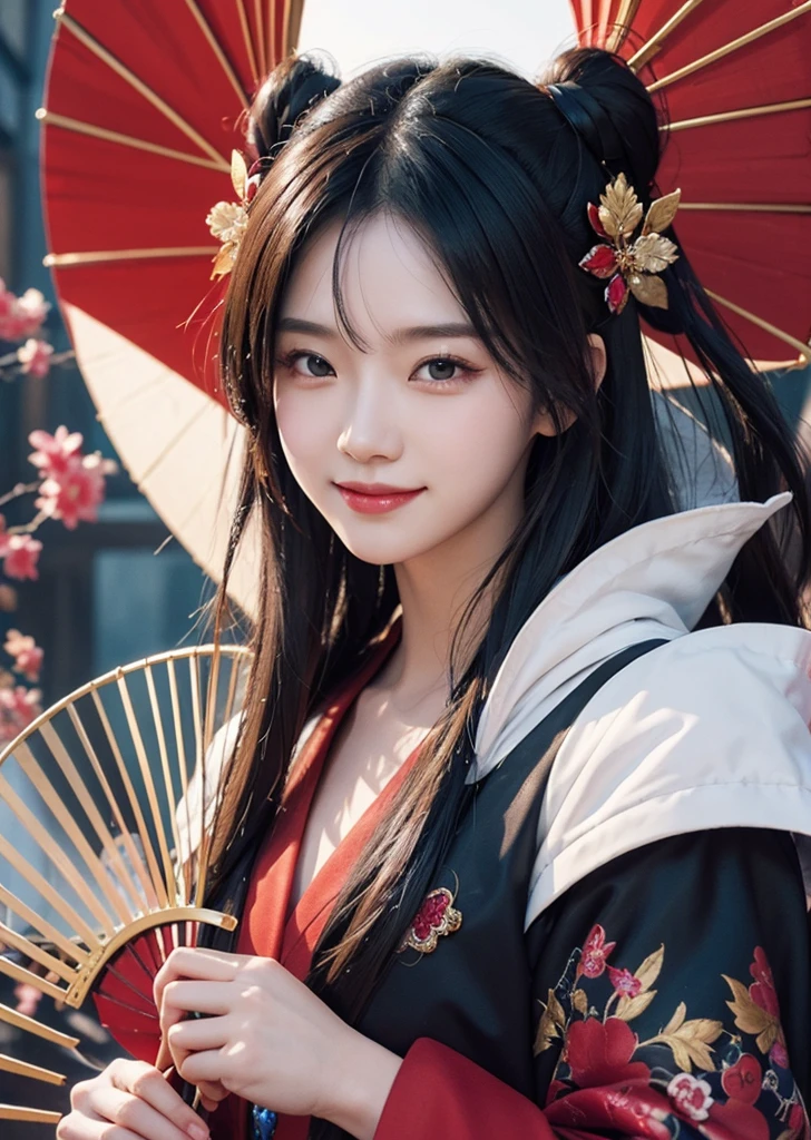Diffuse lighting、 Highest quality, High resolution, unity 8k wallpaper、Supersaturation, Colorful, 8k解像度, 1 female、Japanese、23 years old、Close-up portrait、Wearing a red dress,With an invincible smile、Woman with a Fan, onmyoji, onmyoji detailed art, onmyoji portrait, 4K, 8k, Vibrant, Splash Art , Onmyoji、Spirit medium、