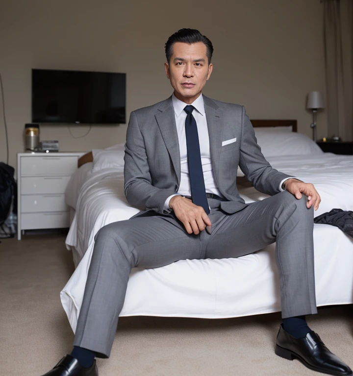 50 years old,One Man,Grey suit,mafia、Bedroom,legs wide open,Boss sitting、The crotch area of the pants is bulging,logic,Gay ,Very short slicked back hair,Stubble,Asian Faces,Dad。chest hair。Scream。