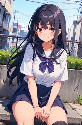 Elementary school girl, 8-year-old, Big breasts Black hair, Long Hair, Purple eyes, smile（One person） Plain white T-shirt　Black mini skirt and white panties（（I can see her panties））White socks　sneakers　 garden　Crouch in front of the bike　Dynamic angle Low angle