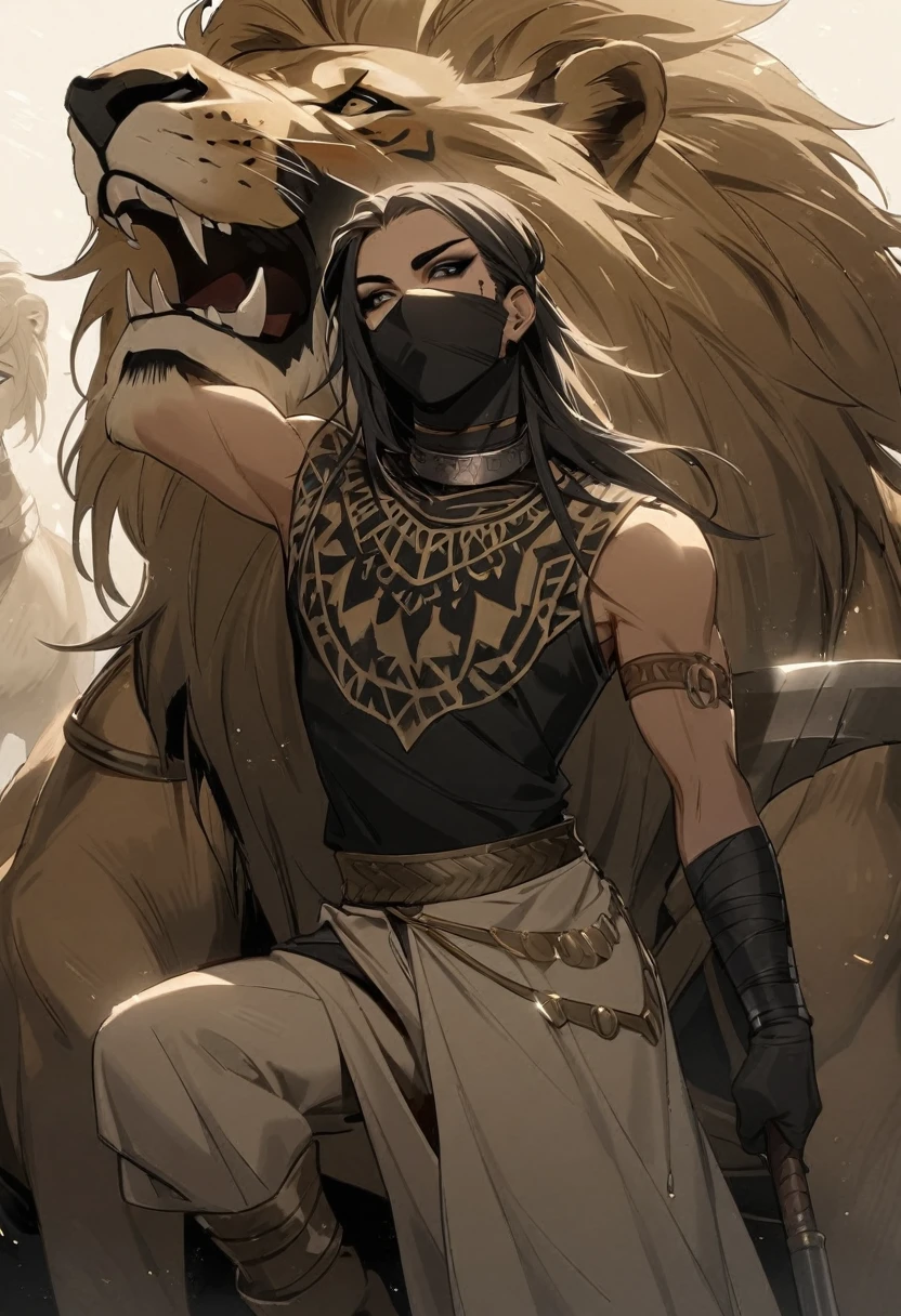 Male arab warrior, medivial, black short balaclava, black bandage, black clothes, thin waist, skinny body, femboy, light skin, makeup, black eyeliner, big eyelashes, black eyeshadow, metal choker, light skin, rides a lion