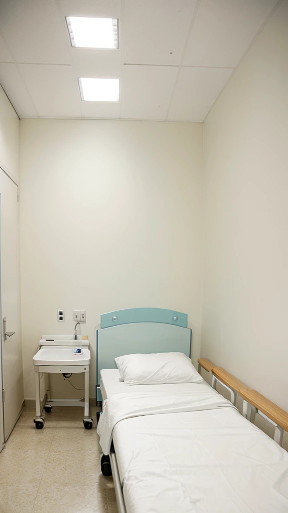 Hospital room with white walls and a single bed