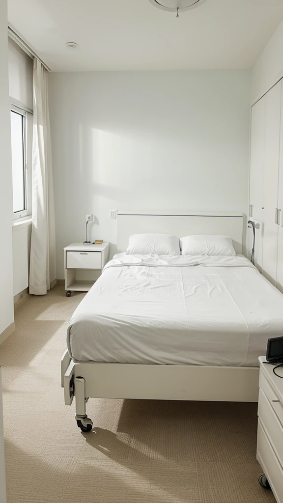 Hospital room with white walls and a single bed