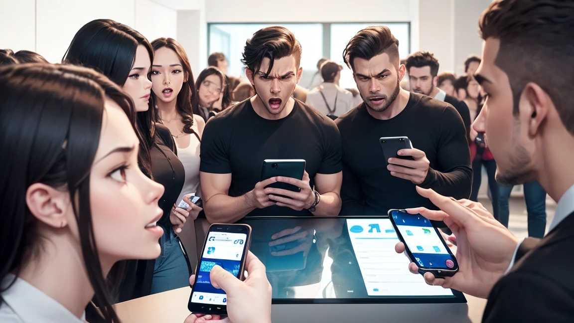A scene of a monkey, an alien, and a large group of humans, male and female, enjoying social media with their smartphones. While looking at the phones, a variety of emotions are expressed, including an angry monkey, an alien making money, and a gasping person. The background is pure white.