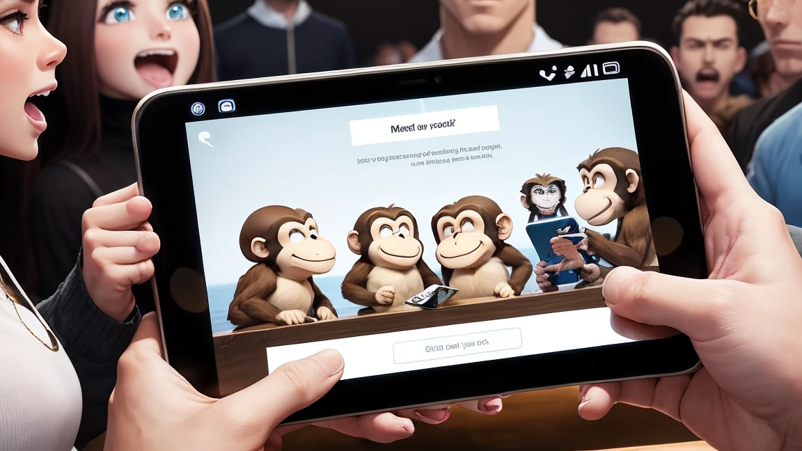 A scene of a monkey, an alien, and a large group of humans, male and female, enjoying social media with their smartphones. While looking at the phones, a variety of emotions are expressed, including an angry monkey, an alien making money, and a gasping person. The background is pure white.