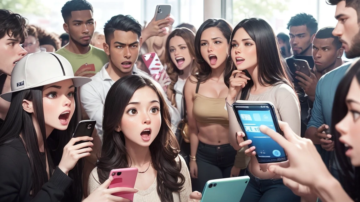 A scene of a monkey, an alien, and a large group of humans, male and female, enjoying social media with their smartphones. While looking at the phones, a variety of emotions are expressed, including an angry monkey, an alien making money, and a gasping person. The background is pure white.