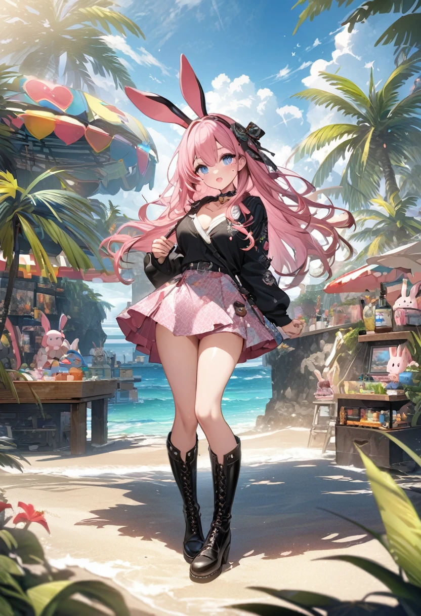 Black jumper with bunny ears、Pink patterned mini skirt、Knee-high boots、Pink long hair girl、Beautiful blue eyes anime girl、Mole under eye、Heart-shaped choker、Seaside、Palm tree、Hawaii、Standing posture、Staring at the audience、Computer Graphics Art、High resolution、highest quality、whole body、8K Character Concept、32k、Pixiv、An illustration、 Super detailed、Super detailedな顔、Megapixels、 Super detailedなHDR、clear、Overdecoration