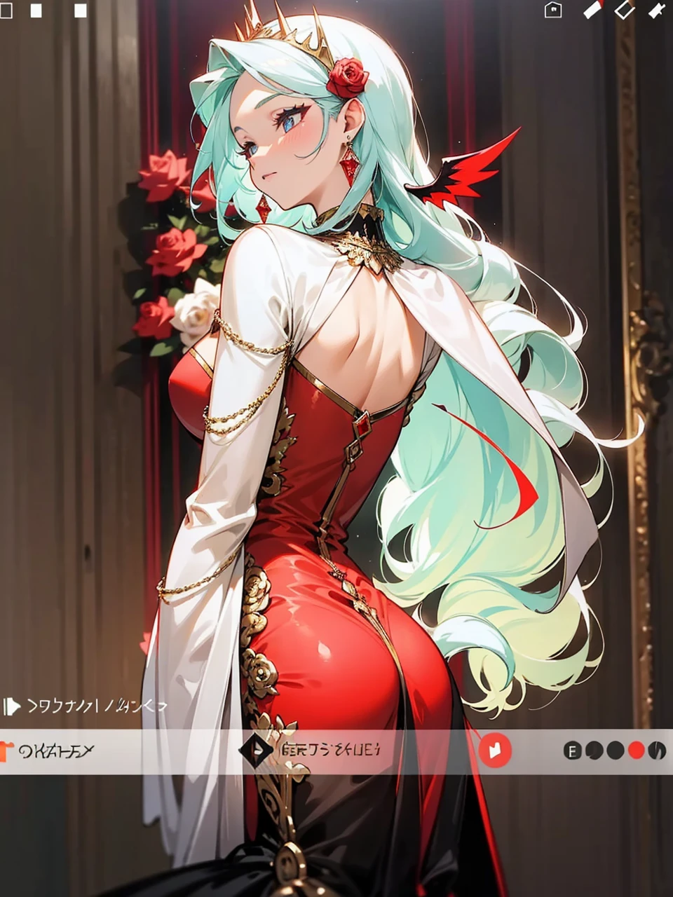 Add in roses to her dress, a good back dress design with some golden jewelry, make her dress into a red and white gown with a hat, give her some unique Jewelry, and make her look somewhat of a demonic angel like appearance to her
