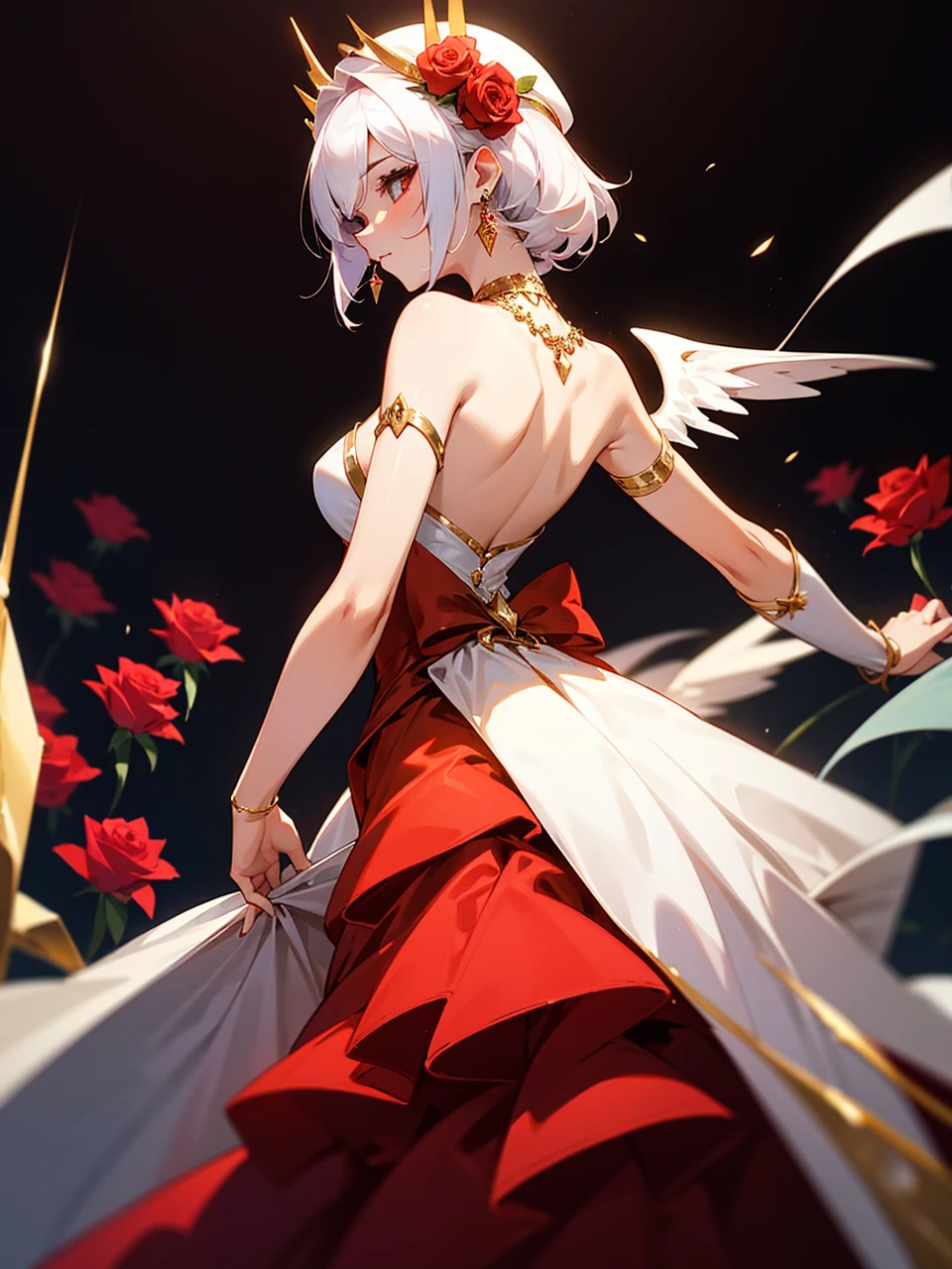 Add in roses to her dress, a good back dress design with some golden jewelry, make her dress into a red and white gown with a hat, give her some unique Jewelry, and make her look somewhat of a demonic angel like appearance to her