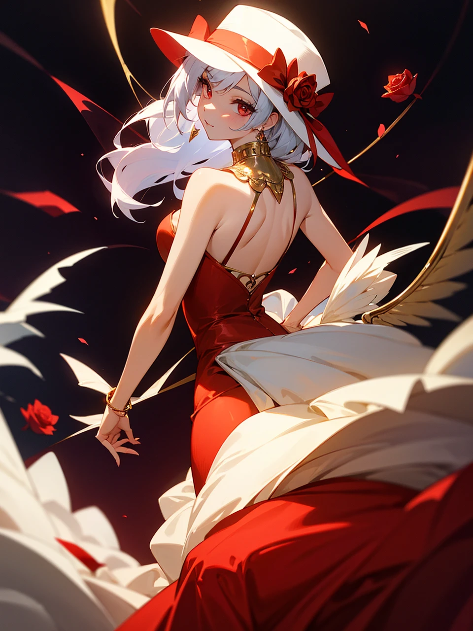 Add in roses to her dress, a good back dress design with some golden jewelry, make her dress into a red and white gown with a hat, give her some unique Jewelry, and make her look somewhat of a demonic angel like appearance to her
