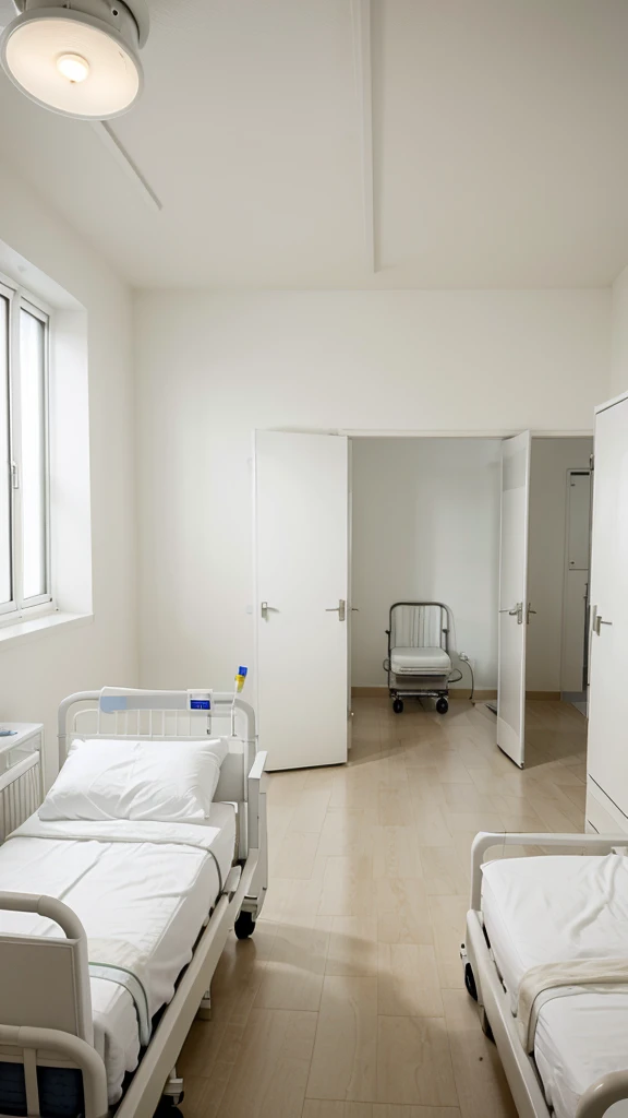 Hospital room with white walls and a single bed