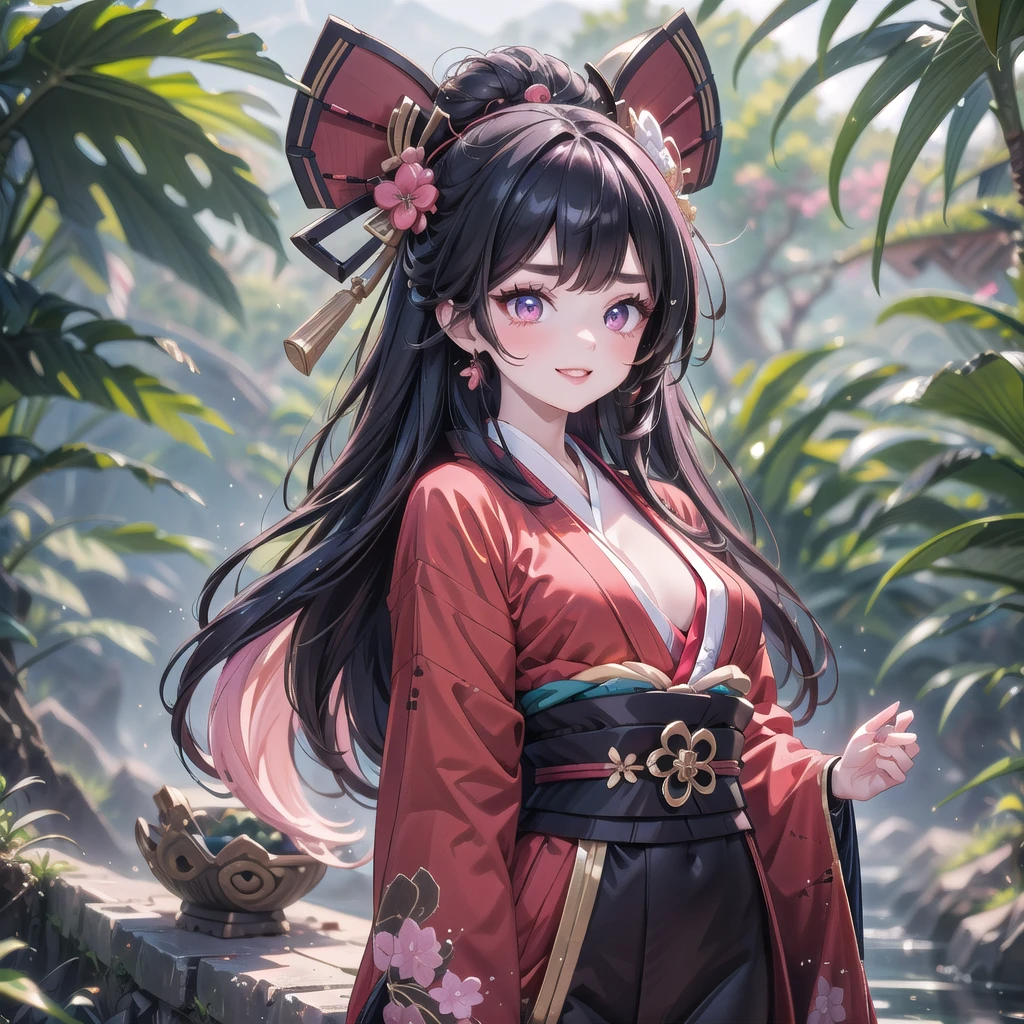 1 adult tall lady, black magical red kimono armor, beautiful jungle background, beautiful shiny eyes focus, navel, belt, Red lips, eyeshadow, eyelashes, pink cheek, ultra detailed beautiful ornaments and patterns, evil smile, 