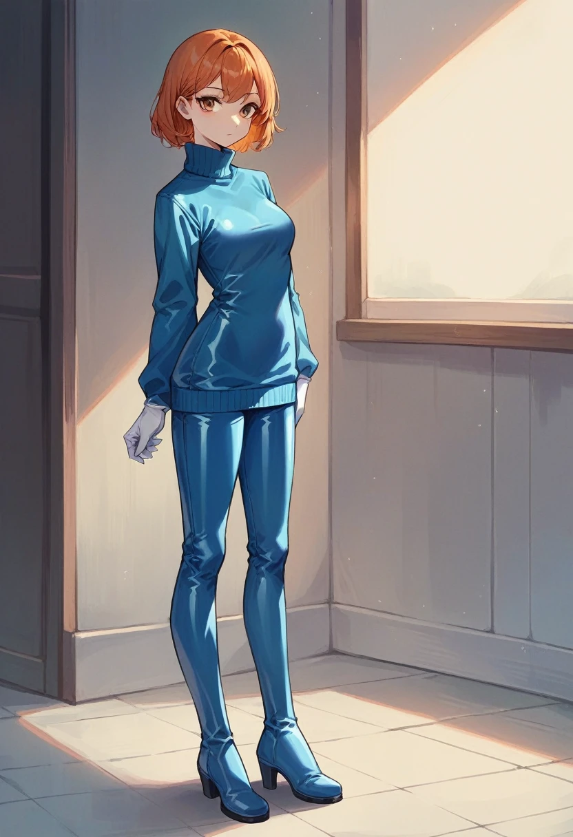 1girl, orange hair, ((white elbow gloves)), ((surgical gloves)), ((latex gloves)), ((blue latex sweater)), ((long sleeves)), ((blue latex pants)), ((white latex boots)), looking at viewer, standing, solo
