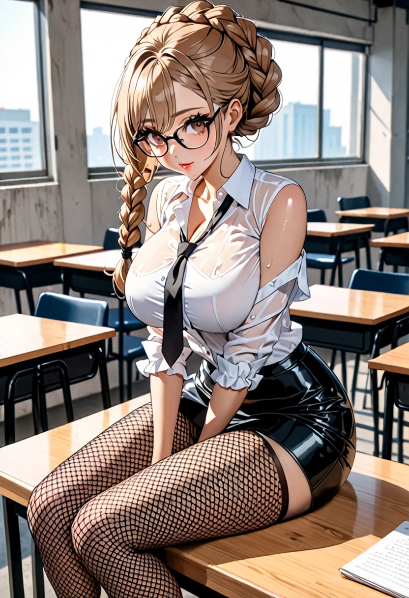 (((Highest quality, Ultra-high resolution、The most complex and detailed depiction)))、((masterpiece:1.3)), (8k, RAW Photos, Best image quality: 1.4), Very detailedな顔、Attention to detail、(Beautiful woman:1.4),(Realistic:1.4) (8k, RAW Photos,), (photo-Realistic:1.2), Very detailed, Beautiful attention to detail, (girl:1.3)Dark eyeliner、Eyelash length、False eyelashes、double eyelid、Brown eyes、Light fluorescent lip gloss, ((hostess:1.2))，(Huge breasts:1.6),、(Cleavage:1.5)、(((Light brown hair、braid one's hair、((Tie your braided hair behind your head，Put your braided hair up)))))、Gal-style makeup、Dark eyeliner、Black eyeliner、Heavy eye makeup、Eyelash length、False eyelashes、Eyelash length、Big eyes、Big black eyes、Big eyes、elongated nose、Heavy makeup、Face with gills、(((whole body)))、sexy、Glamorous Body、(Saggy breasts、Large saggy breasts)、((Sweat))、An empty classroom、((Sit on a desk))、(((Crossing your legs)))、(Sleeveless frilly white shirt),(((Ruffled shirt)))、((Black tight skirt、Tight mini skirt))、Glasses、High heels、Fishnet tights、front