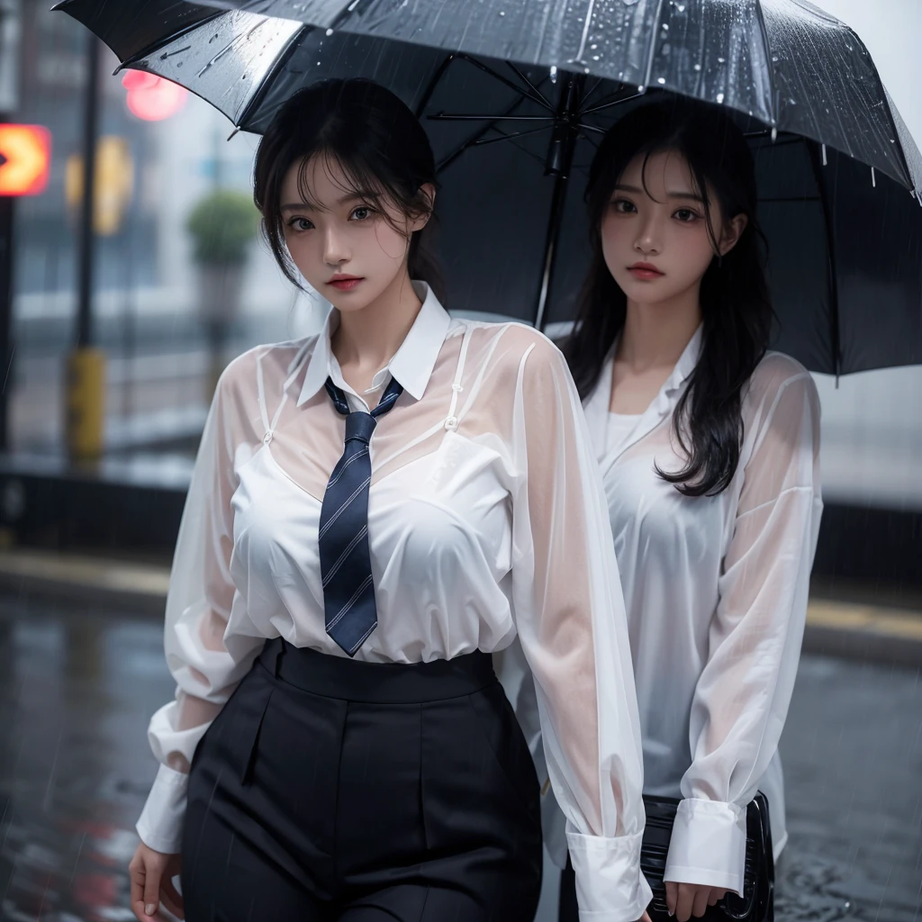 Beautiful woman getting wet in the rain、A beauty without an umbrella、typhoon、Get wet without an umbrella、Beautiful woman in the rain、雨で濡れたBeautyOL、Detailed face、Realistic、beautiful girl、Beauty、Office Lady Uniform、beauty、Beautiful woman、Narrow waist、Handsome woman、Tight pants look、suit、Sexy pose、タイトなsuitパンツ、雨で濡れたsuit、Wet shirt、See-through shirt、Shot in heavy rain、See-through underwear