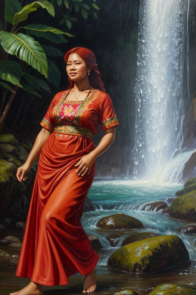 painting of a 40 year old Hawaiian woman with red hair , wearing traditional clothes, dancing in front of a waterfall, curvy, inspired by Fernando Amorsolo, photorealistic oil on canvas, realistic oil on linen, oil on canvas painting, 4k oil on linen, extremely detailed oil portrait, oil painting of realistic woman, detailed oil painting portrait, oil on canvas detailed, by Rodel Gonzalez, 8k resolution.oil on canvas