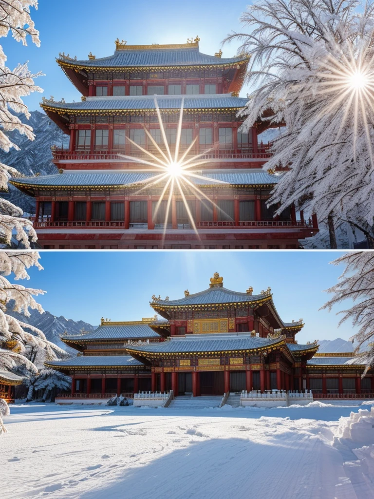 **Wang Hima Tawan (Sunlit Snow Palace)**
   - **nature**: A large palace located on a high snow mountain. Outside is covered with clean white snow. The sunlight shone down and the picture was beautiful. The palace was built with traditional Chinese architecture. combined with cutting-edge technology
