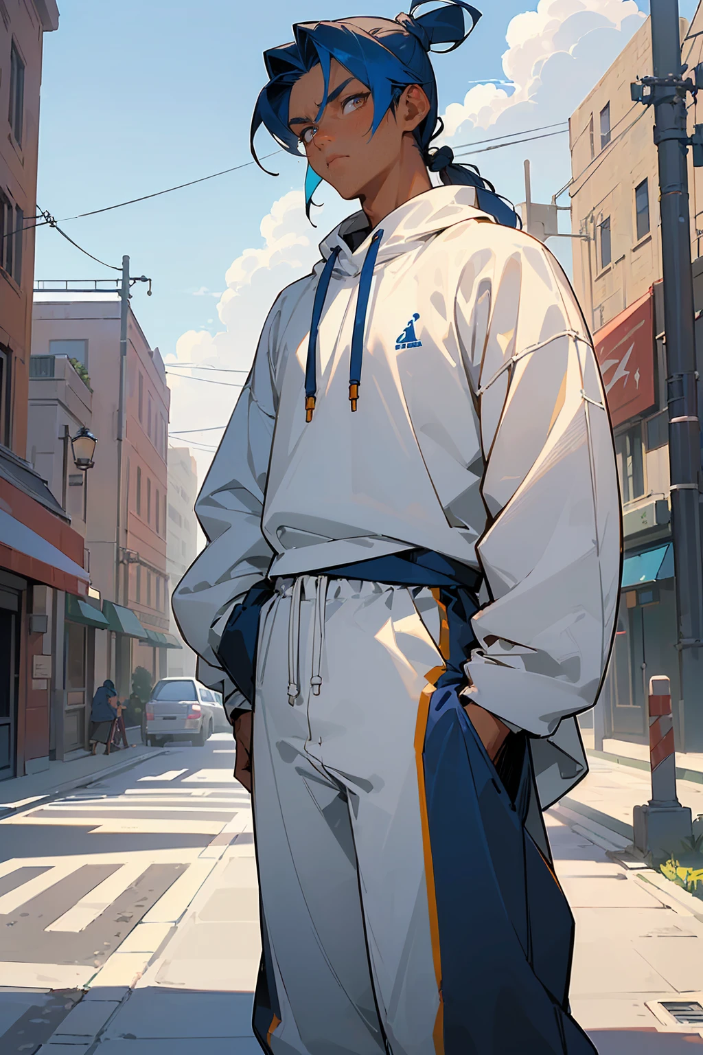((masterpiece,best quality,1boy,male focus,masculine,looking at viewer,solo,closed mouth,teenager,muscle,muscular)),((((navy blue hair,topknot hair)))),((colorful golden eyes,perfect eyes,glowing eyes,perfect face,calm demeanor)),(((modern clothing,white sweatshirt,white jogger pants,white jordans,dark skin color,standing still,caramel skin color))), ((city background,buildings,stores,street,afternoon,cloudy sky))