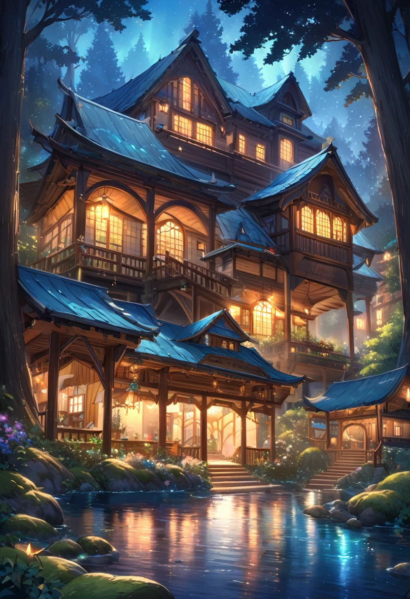 The atmosphere of a village where fairies live deep in the forest., A small forest fairy village, Trees cover half the sky, Hazy Mist, flowing stream of light, Winding small cascading waterfall, nice waterfall, Beautiful fantasy paintings, bioluminescence waterfall, golden heavenly light, Epic surrealist 8K oil painting, A small European-style house is a fairy house, lighting in the house, forest of giant trees, calm stream water, Magnificent tree, Moonlit night,