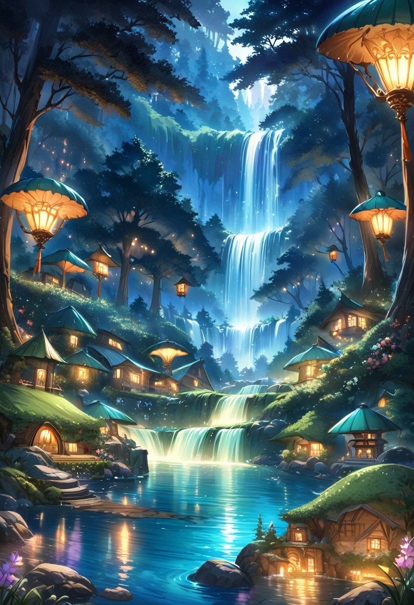 The atmosphere of a village where fairies live deep in the forest., A small forest fairy village, Trees cover half the sky, Hazy Mist, flowing stream of light, Winding small cascading waterfall, nice waterfall, Beautiful fantasy paintings, bioluminescence waterfall, golden heavenly light, Epic surrealist 8K oil painting, A small European-style house is a fairy house, lighting in the house, forest of giant trees, calm stream water, Magnificent tree, Moonlit night,