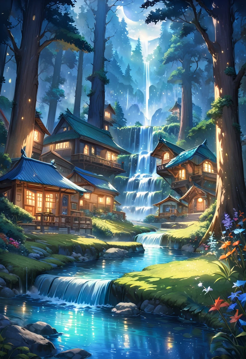 The atmosphere of a village where fairies live deep in the forest., A small forest fairy village, Trees cover half the sky, Hazy Mist, flowing stream of light, Winding small cascading waterfall, nice waterfall, Beautiful fantasy paintings, bioluminescence waterfall, golden heavenly light, Epic surrealist 8K oil painting, A small European-style house is a fairy house, lighting in the house, forest of giant trees, calm stream water, Magnificent tree, Moonlit night,