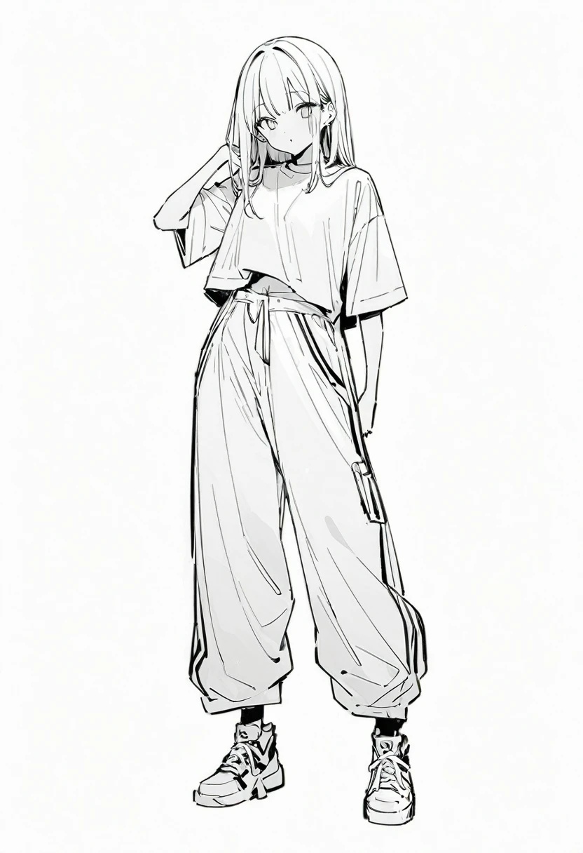 (masterpiece、Highest quality:1.2、8K)、Only one girl in the center、shirt、Wide-leg trousers、Simple single-color sneakers、whole body、Simple Background、White background、