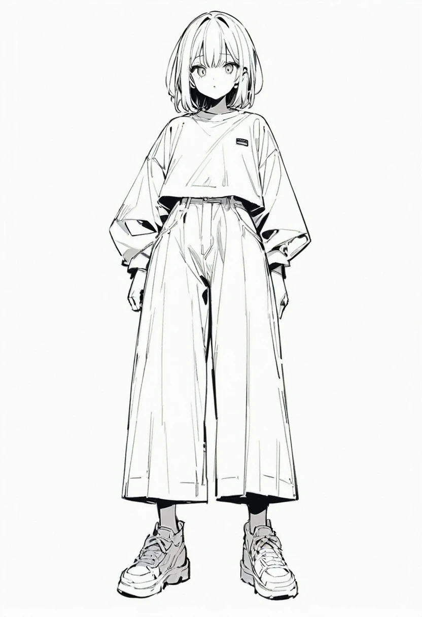 (masterpiece、Highest quality:1.2、8K)、Only one girl in the center、shirt、Wide-leg trousers、Simple single-color sneakers、whole body、Simple Background、White background、