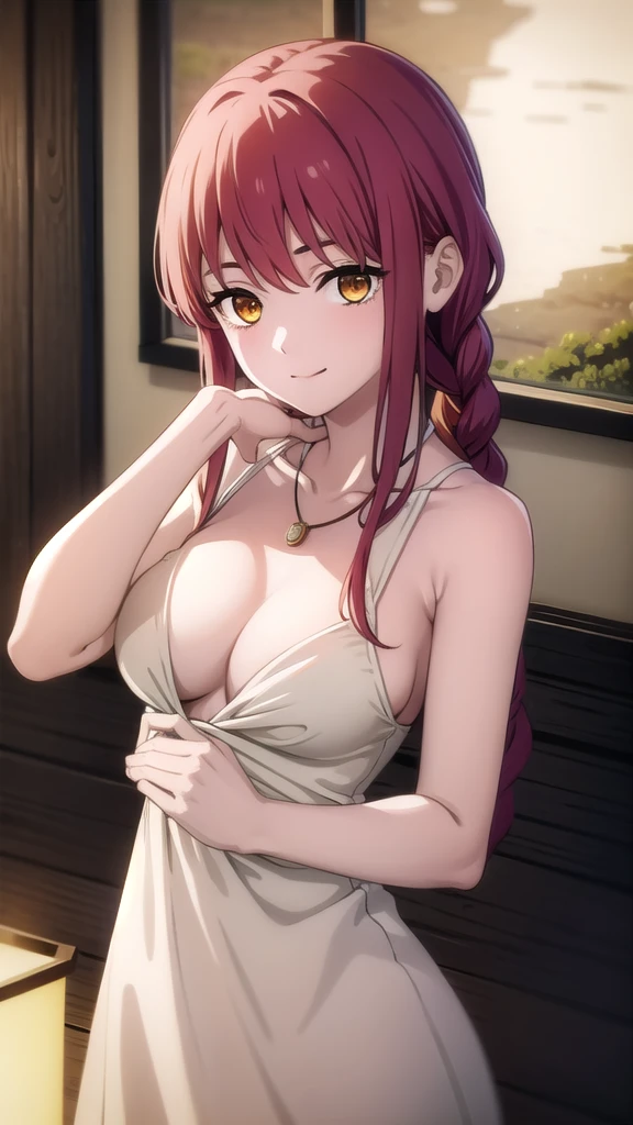 BREAK looking at viewer, BREAK outdoors, BREAK (masterpiece:1.2), best quality, high resolution, unity 8k wallpaper, (illustration:0.8), (beautiful detailed eyes:1.6), extremely detailed face, perfect lighting, extremely detailed CG, (perfect hands, perfect anatomy),makima, long hair, smile, bangs, (medium breasts:1.2), (yellow eyes:1.2),onsen,night, braid, red hair, braided ponytail, ringed eyes,necklace,skinny fit,medium breastsnipples,full body,showing breasts,no bra,stockings.