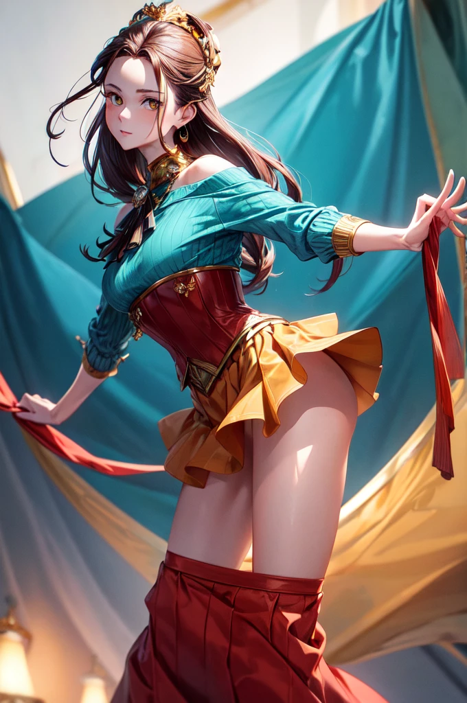(masterpiece, best quality),female Senior, Statuesque, Russian, Amber eyes, Attached Ears, U-Shaped Jaw, Low Cheekbones, Receding Forehead, Square face shape, Well-defined Veins, Natural everyday makeup , red long hair haircut hair, Astonishment wearing Turquoise Skirt, Toile Puff shoulder sweater, , , and and and, Arms extended forward, showing a willingness to give or receive , AS-YoungestV2