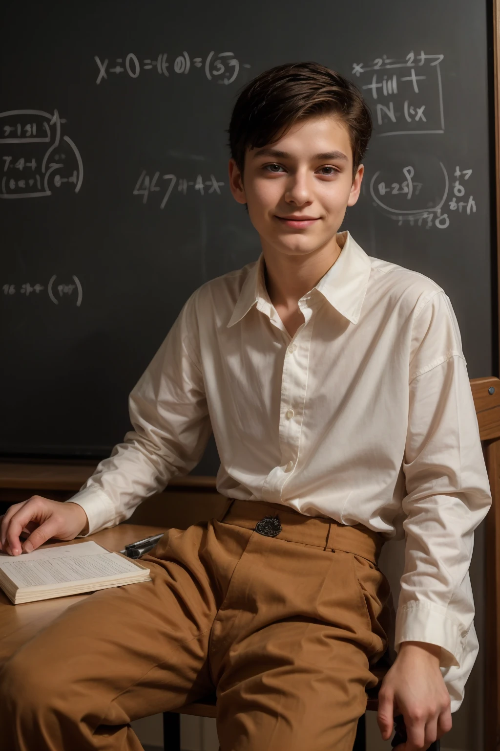 A young male twink, 22 years old, with a cute, angel-faced face with makeup and black hair, wearing a luxurious, white, long-sleeved shirt and brown medieval pants. Behind him is a blackboard with mathematical equations written on it, and he looks proudly as he sits at a desk with medical tools on it.