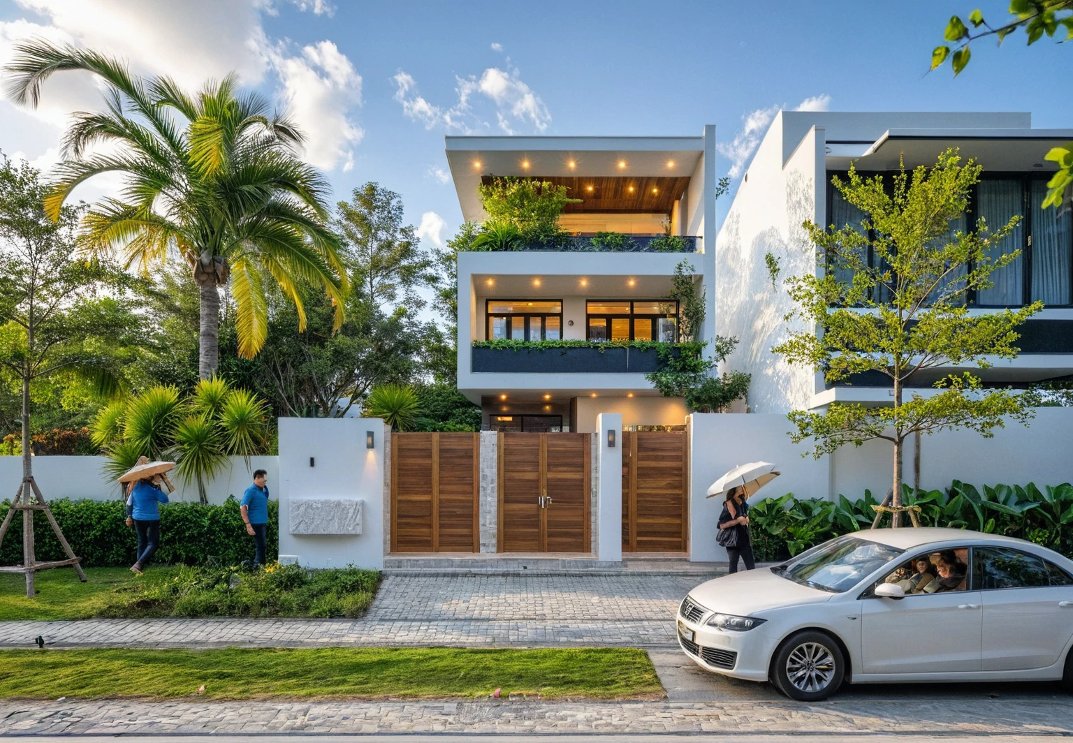 Masterpiece, high quality, best quality, authentic, super detail, outdoors, onestoreyvillaXL, aiaigroup, house style modern on the street ,stairs, white wall ,road,pavement, grass, trees, sky, cloud, (daylight:1.1)