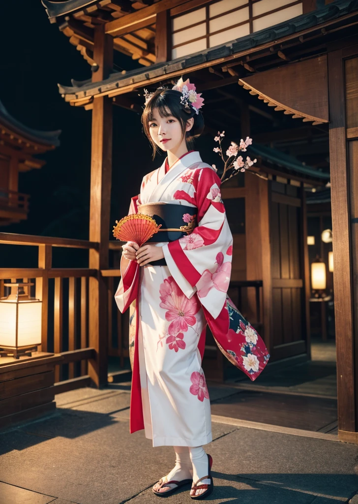 Diffuse lighting、 Highest quality, High resolution, unity 8k wallpaper、Supersaturation, colorfulに, 8k解像度, 1 female、Japanese、23 years old、Close-up portrait、Wearing a red dress,whole body、真night中、A spell-writing talisman、The area is pitch dark、night、full moon、moonlight、Fantasy、mysterious、赤いbird居の前に立って、Woman with a Fan, onmyoji, onmyoji detailed art, onmyoji portrait, 4K, 8k, Vibrant, Splash Art , Onmyoji、Spirit medium、colorful, educate, onmyoji, kimono, alone, Holding, cherry blossoms, kimono, flower, furry female, hair ornaments, In-person audience, hair flower, Are standing, Wide sleeves, flowerびら, Long sleeve, smile, architecture, lanthanum, White skin, east asian architecture, Hair above the eyes, Open your mouth, Outdoor, Sandals, null, bird, white socks, black kimono, night, pink flower, bangs, building, socks, star \(null\), Holding スタッフ,