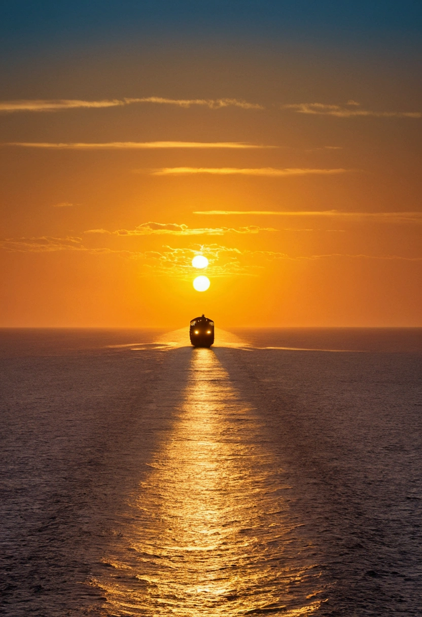 On the Sea A train running on the horizon of the sunset force