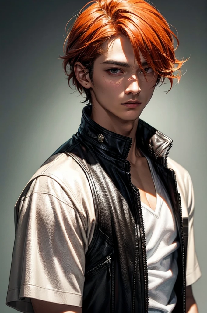 (Absurd, High resolution, Ultra-detailed), 1 male, Adult, good looking, Muscular face, Broad shoulders, Detailed drawn eyes, Orange Hair, Hairstyle is random, Brown eyes, Leather Vest, wonderful, mysterious, Bright glow,  Serious expression, cold, Thoughtful,