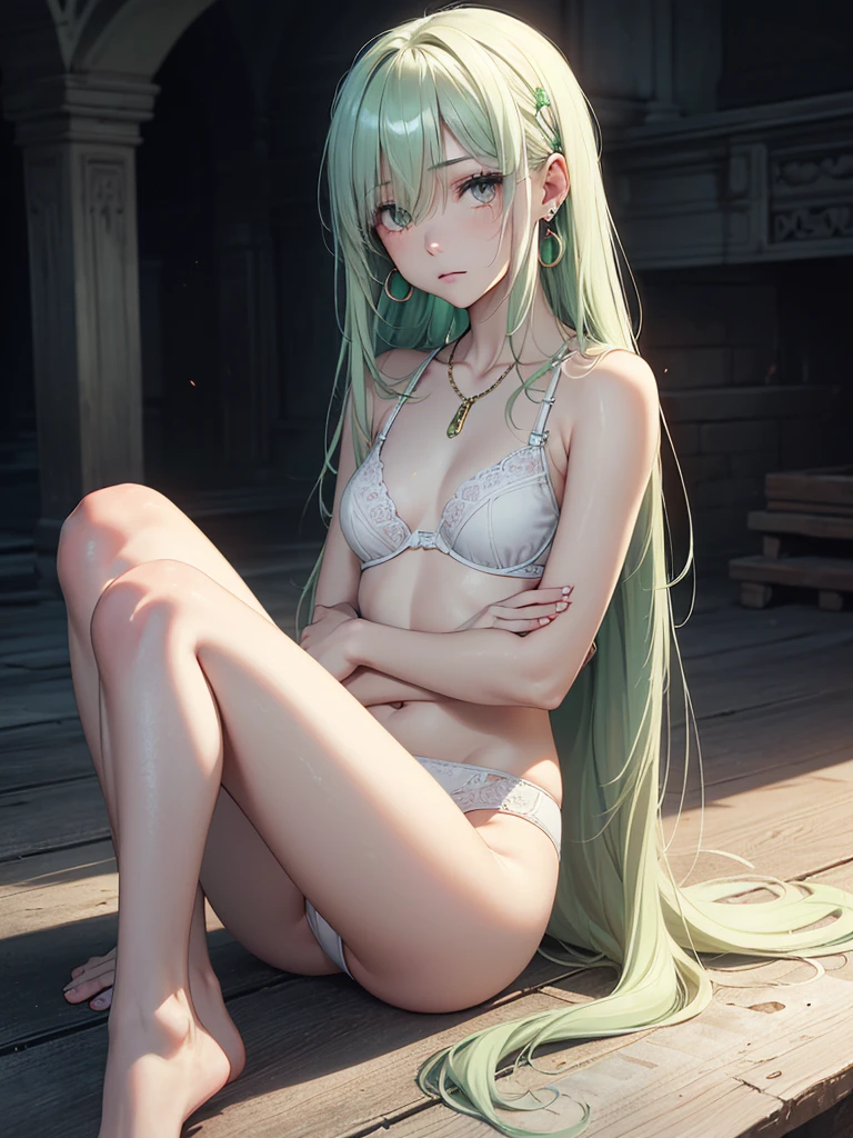 Highest quality,High resolution,HDR, 8k hd,The finer details, ((Exact number of legs,Exact number of arms, Perfect hands,Perfect legs)),Absurd, Bright colors, extremely beautiful detailed anime face,Look straight ahead, (Beautiful breasts,Mid-chest), Gazing at the audience,Feet outside the frame, White skin, hair accessory,Earrings, Earrings, necklace, Alone, (20 year old girl:1.5), (Shiny long straight hair:1.4),((Light green hair)),Asymmetrical bangs,Shiny Hair,(Small eyes:1.5),Very beautiful detailed eyes,Delicate and beautiful features,(Sulky look:1.3),(Simple )