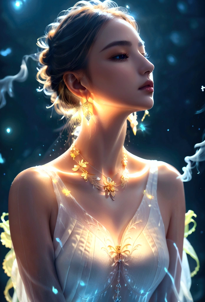 Golden accessories advertising poster, flower made of light, Shiny beautiful earrings and necklace_Center close-up angle, Mysterious background with small particles of natural light emitting light, ultra high resolution, 8k, Very detailed details, Product detailed image, surreal photo, the greatest masterpiece:1.2, Glowing white smoke spreading in the air, aura,