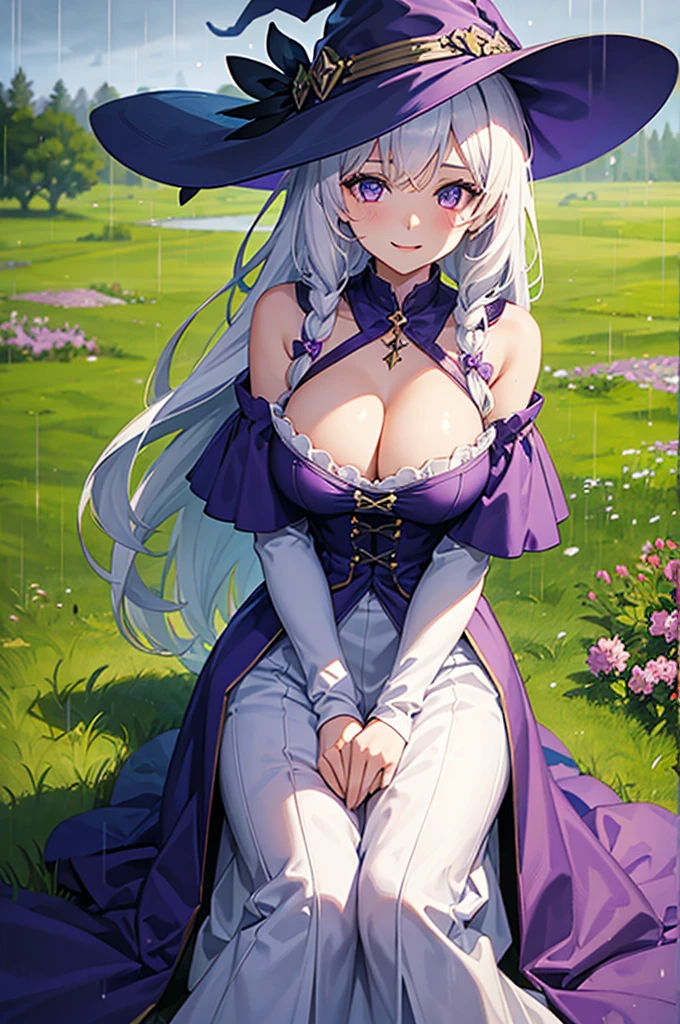 1girl, witch, lilac witch outfit, white hair, big breasts, cozy, happy, green field background with rain