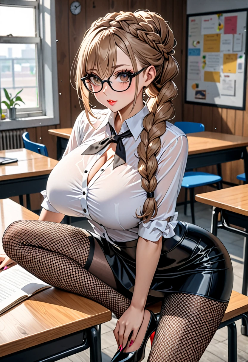 masterpiece, best quality, realistic, photorealistic, great lighting, ultra-detailed, dynamic angle, perfect face, (bright lighting:1.2),beautiful detailed eyes, extremely detailed face, perfect lighting,

straddle a chair, classroom, 

1girl, darkbrown twintail hair, glasses,
high school uniform, short pleated skirt, stockings, pumps shoes, sweaty, wet body, navel out, thighs out, buttocks, large breast, slim, slender, translucent, Embarrassed expression, blush, ((White panties, cameltoe)),

White panties, camel toe, spread legs, bare clothing, blushing, sweaty, transparent clothing --auto --s2