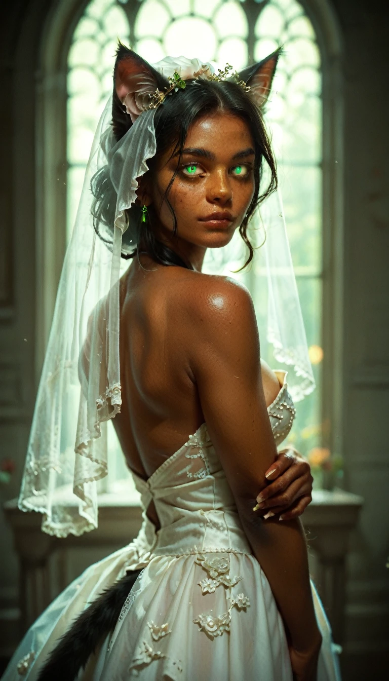 score_9, score_8_up, score_7_up, 1girl, solo, flowing black hair, glowing green eyes, ears, tail, tanned skin, demoness, (catgirl:1.2), (cat ears, cat tail, cat fur), monochromatic, eerie atmosphere, (wedding dress), seductive, stark white background