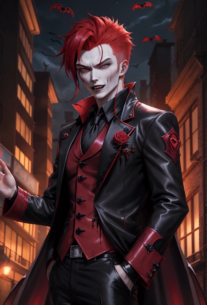 anime character Red hair and a black jacket, Red hair, Anime handsome man, male anime character, 1 boy, Solitary, Zhou Wang Miqin, k items, (((vampire))), crazy, Malkavia, City background, (night), giggle, Cowboy shooting, Dynamic Lighting