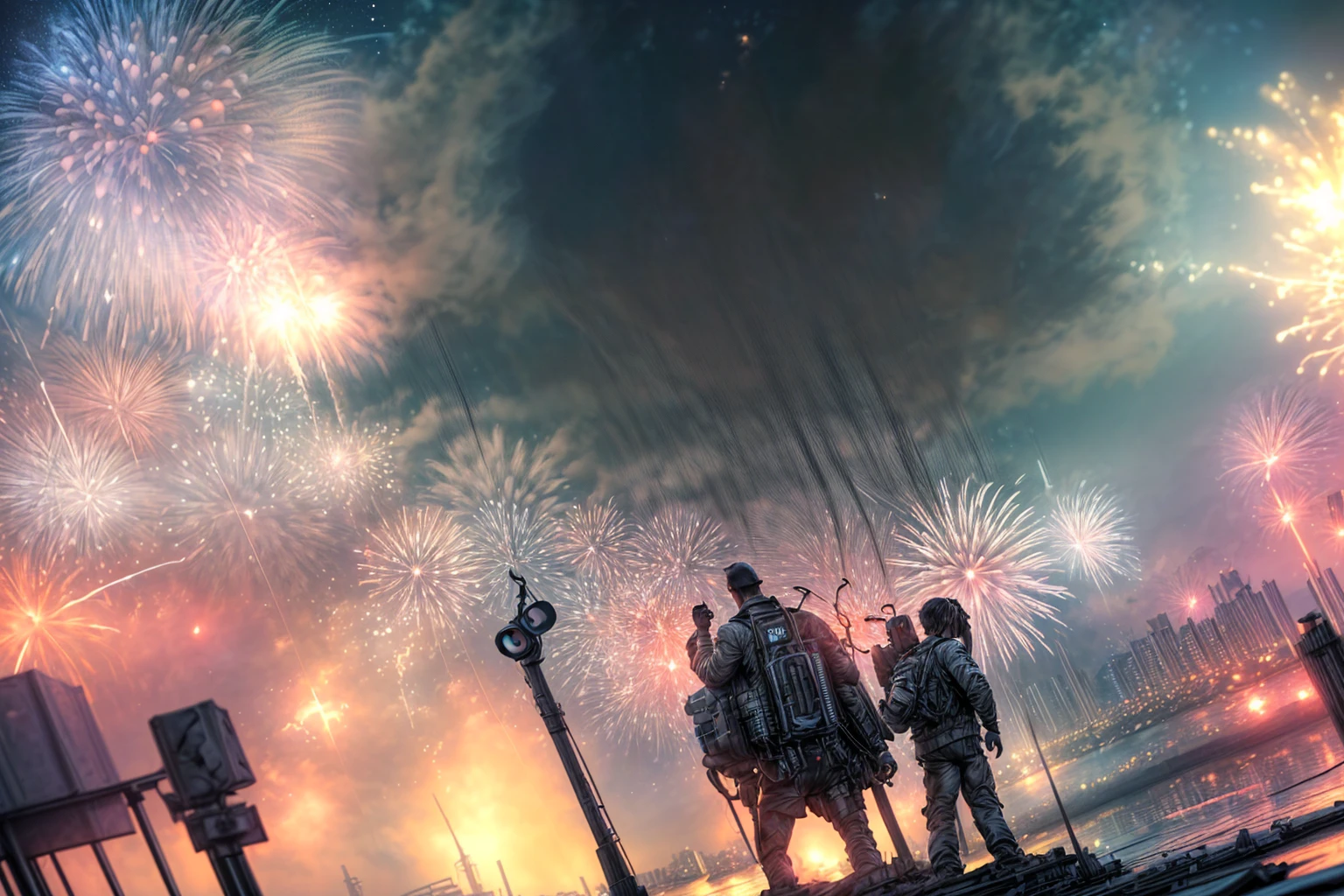 a photorealistic night scene picture of a fireworks show over a city at night, fireworks being reflected in the river, photorealistic display of fireworks (best details, Masterpiece, best quality), beat detailed urban background at night, entire scene being reflected at river (best details, Masterpiece, best quality), ultra best realistic, best details, best quality, 16k, [ultra detailed], masterpiece, best quality, (extremely detailed), ultra wide shot, photorealism, depth of field, hyper realistic picture, 3D rendering