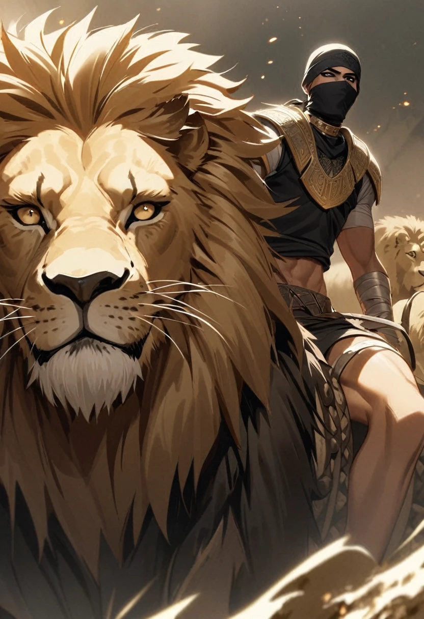 Male arab warrior, medivial, black short balaclava, black bandage, black clothes, thin waist, skinny body, femboy, light skin, makeup, black eyeliner, big eyelashes, black eyeshadow, metal choker, light skin, rides a lion